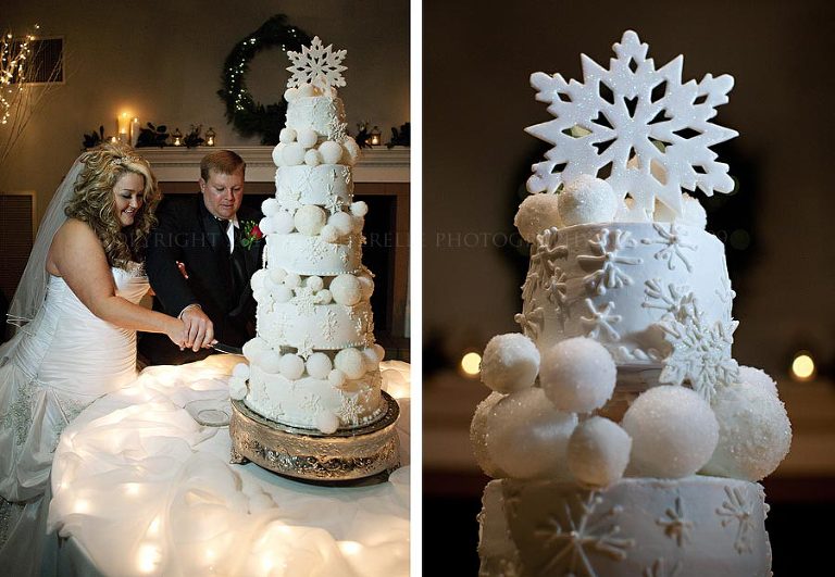 a winter snowflake snowball wedding cake at an alabama wedding reception