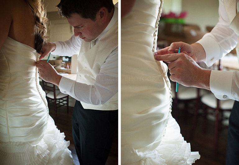 bride and groom getting ready together at the chapel hill meeting house at the waters