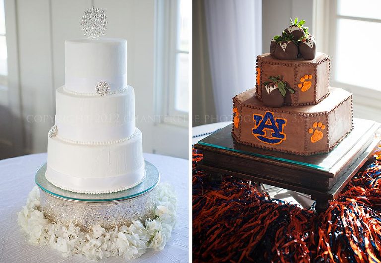 winter wedding cake and auburn groom's cake at the chapel hill meeting house