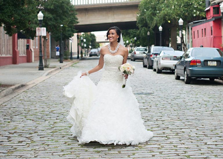 a morris avenue cobblestone bridal portrait in birmingham alabama