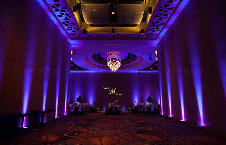 renaissance montgomery hotel ballroom with purple lighting for a montgomery alabama wedding reception
