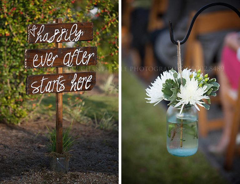 rustic signs and mason jar flower containers at a hampstead wedding in montgomery al