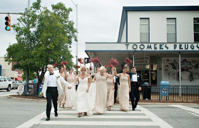 a bridal party at toomers corner in auburn alabama