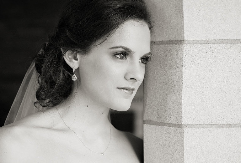 black and white bridal portrait at first united methodist in montgomery