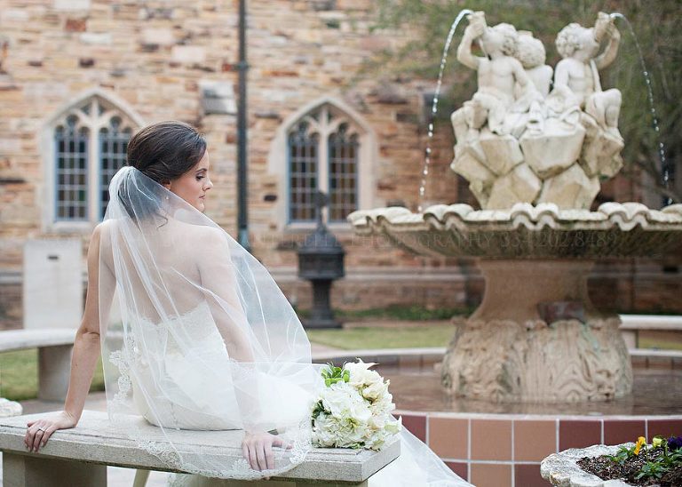 bride next to fountain at first united methodist church