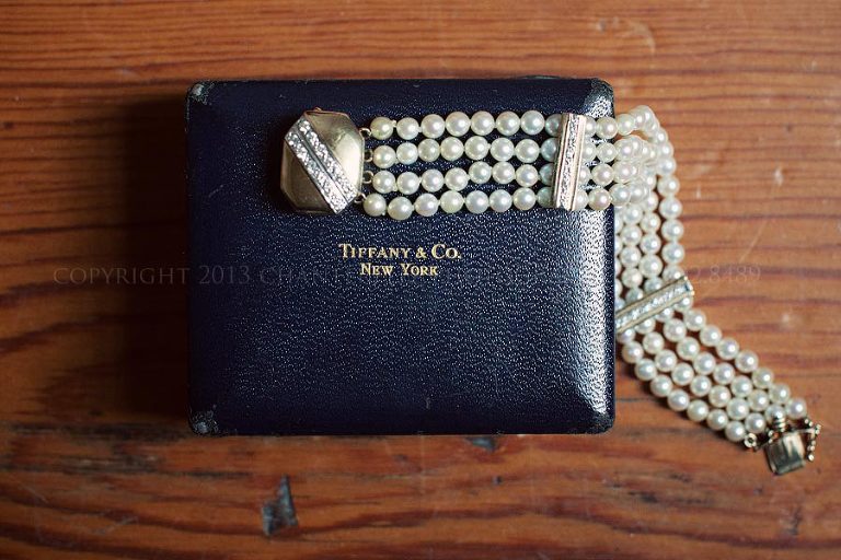 bride's pearl bracelet and vintage tiffany and co box