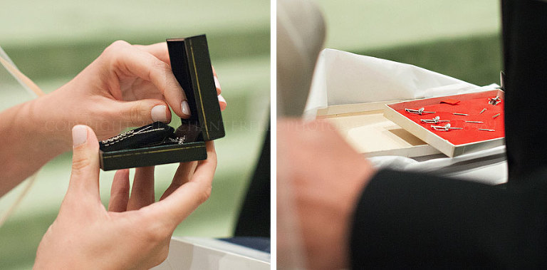 bride and groom exchanging gifts before their first baptist church wedding
