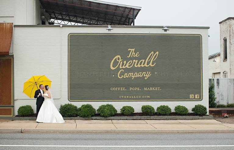 bride and groom outside the overall company in opelika