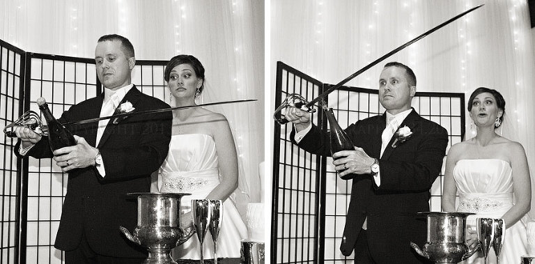 groom sabering champagne at his opelika wedding