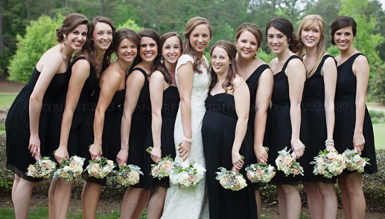 bridesmaids in black j crew dresses