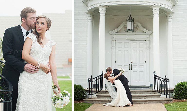 bride and groom outside first baptist opelika