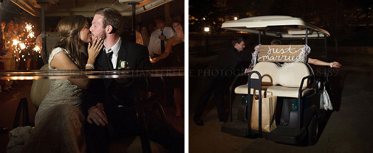 bride and groom leave in golf cart at auburn wedding