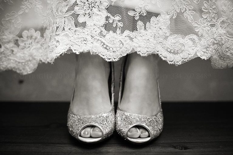 brides sparkly glitter shoes and lace gown in alabama