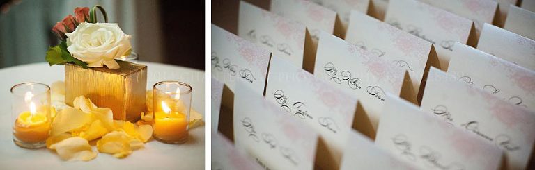 pink and gold theme wedding reception seating cards