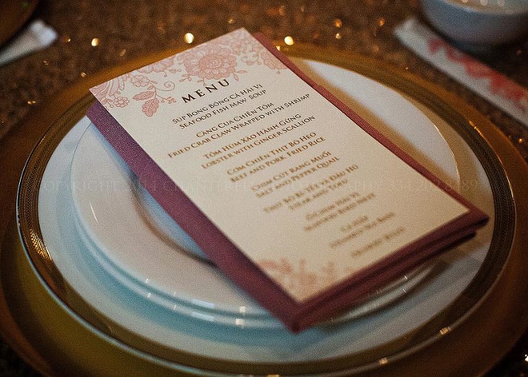pink and gold wedding reception menu