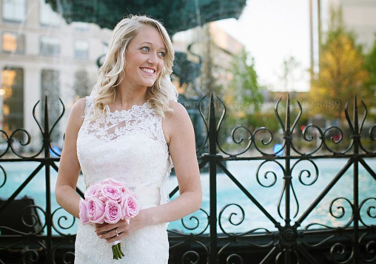 bride next to court square fountain