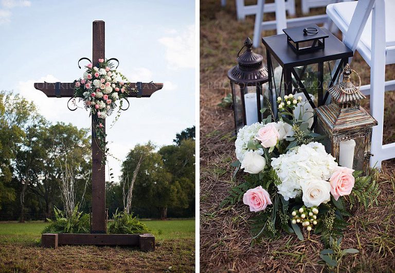 rustic cross and flowers at prattville alabama wedding