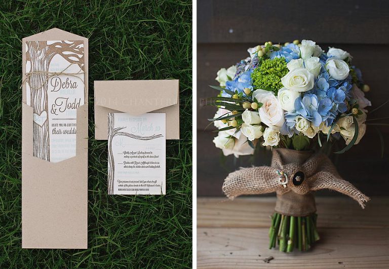 rustic letterpress wedding invitation and burlap bouquet
