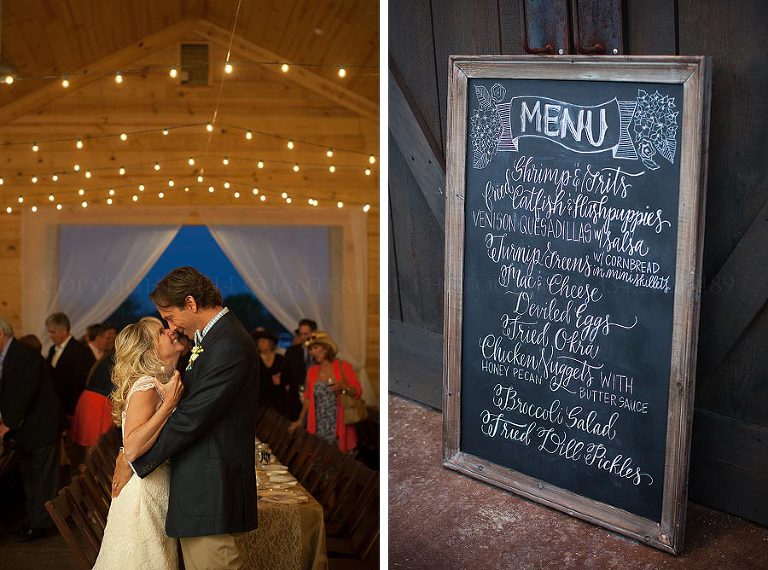 chalkboard menu at barn wedding reception