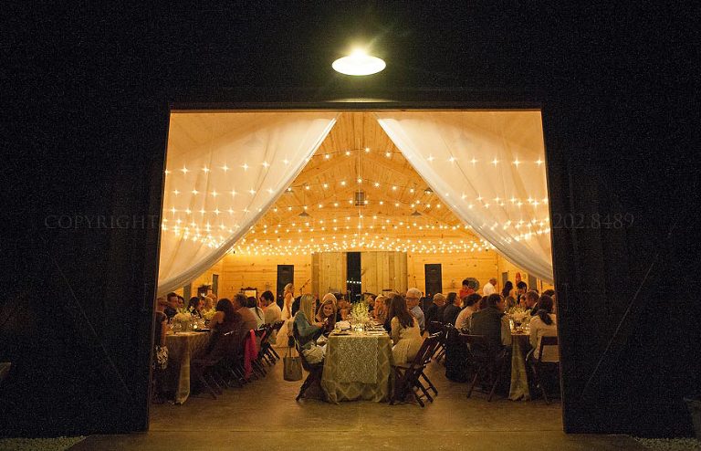 barn wedding reception at night