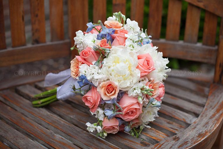 blue and coral wedding bouquet