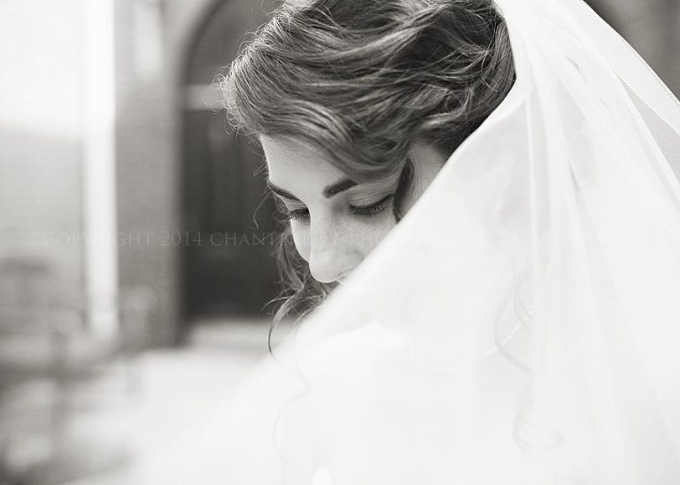 black and white bridal portrait with veil