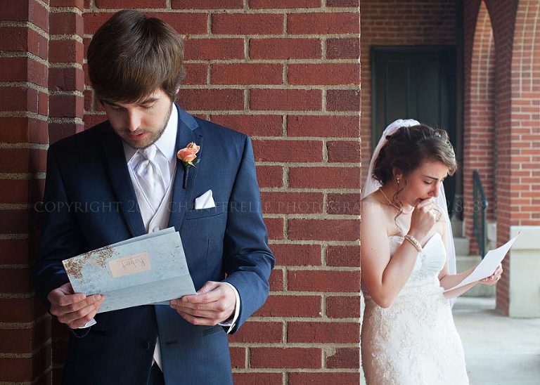 bride and groom read letters to each other