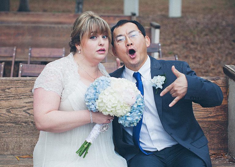 bride and groom goofing off