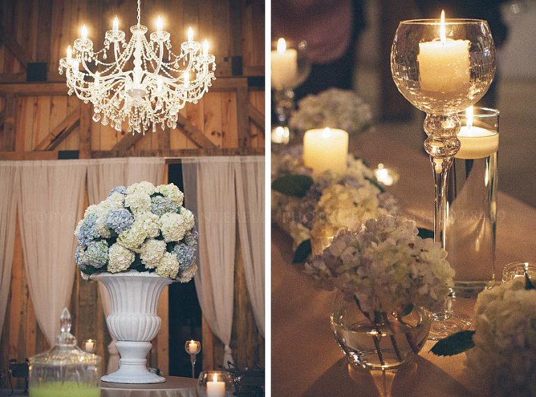 hydrangeas chandeliers and candles at a barn wedding in alabama