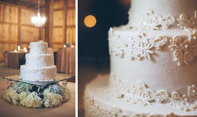 wedding cake with lace appliques from decadent endings at a rustic alabama wedding