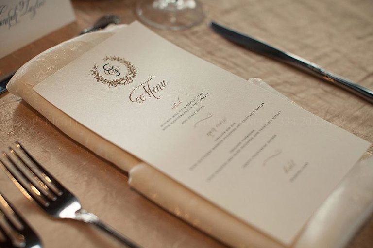 elegant gold wedding reception menu in auburn alabama