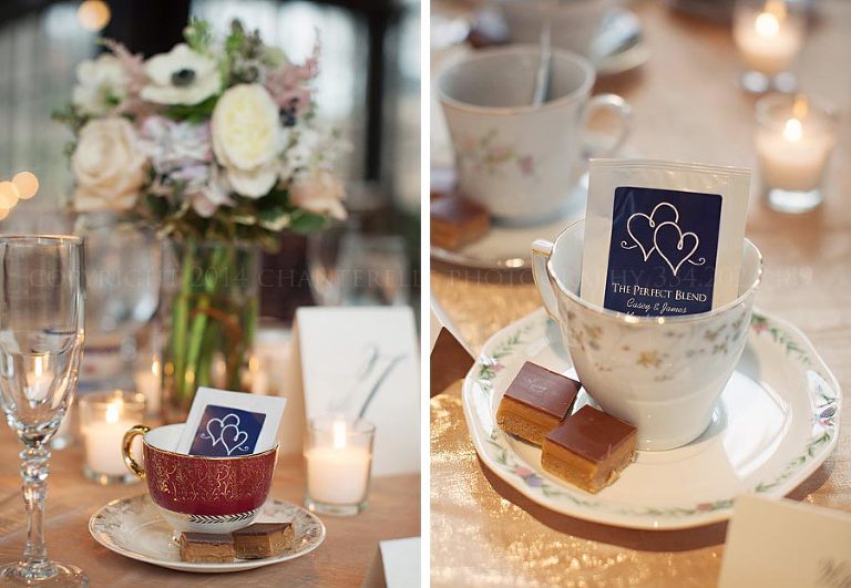 tea and shortbread favors at wedding with british groom