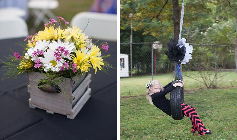 rustic flower and wood centerpiece and a tire swing at a southern wedding