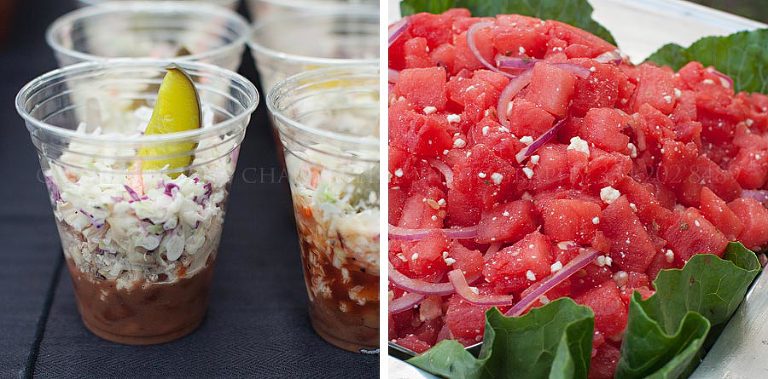 bbq in a cup and watermelon salad at a southern wedding reception