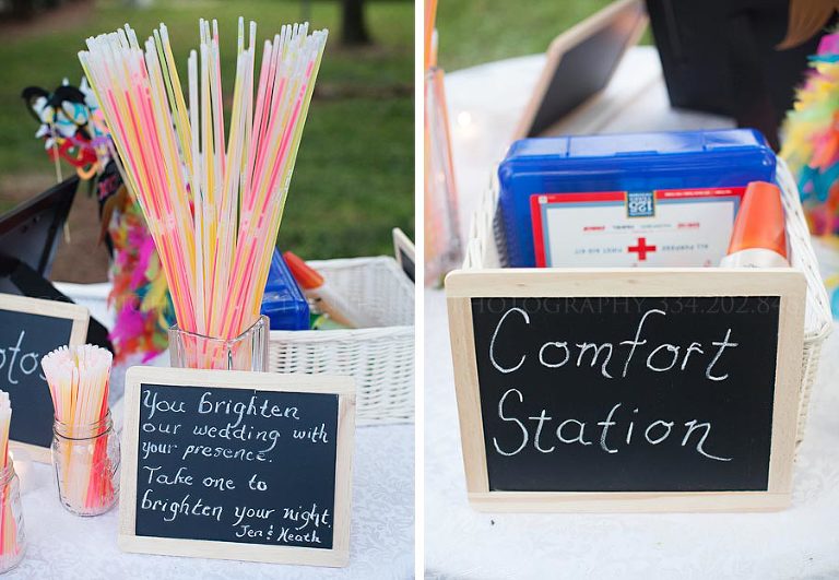 glow necklaces and a comfort station at an outdoor wedding reception