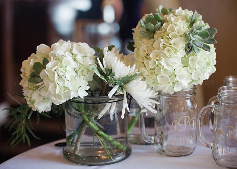 white hydrangeas at elephant walk wedding reception