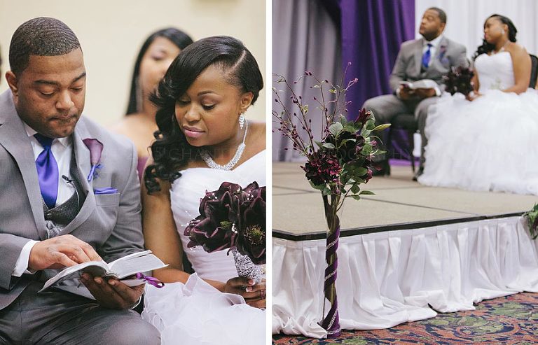 bride and groom reading bible at embassy suites wedding ceremony