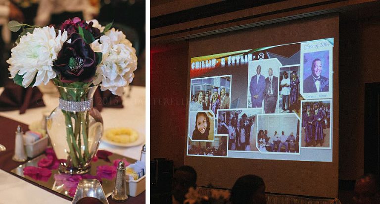 centerpieces and a slideshow at embassy suites wedding