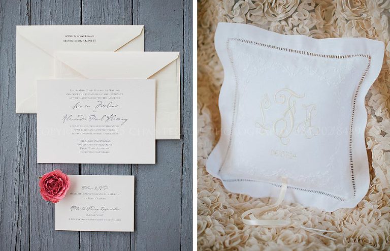 invitation suite and monogrammed ring bearer pillow at montgomery wedding