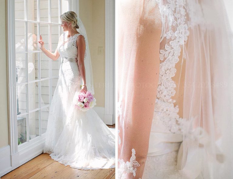 bride in lace portrait back gown in southern wedding