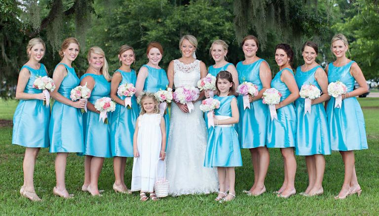 bridesmaids in caribbean blue dresses at oaks plantation