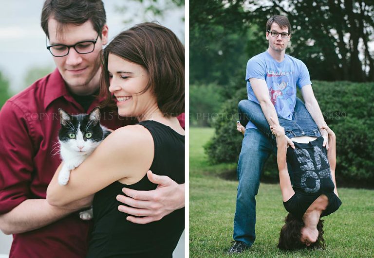 engaged couple and their cat clowning around