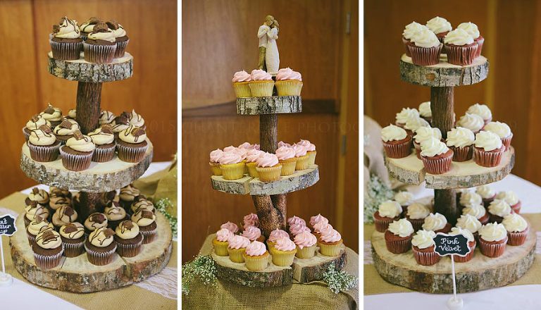 cupcakes by tish on rustic wood stands at alabama wedding