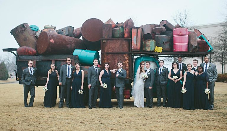 bridal party with rustic truck at auburn wedding