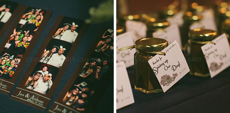photo booth pictures and spice favors in jars at opelika wedding reception