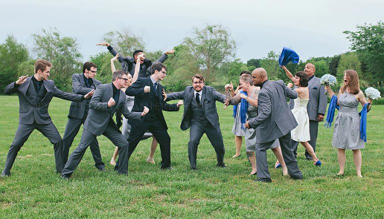 wedding party with actors pretends to fight