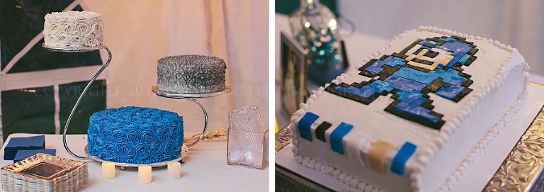 blue and grey megaman cakes at wedding reception