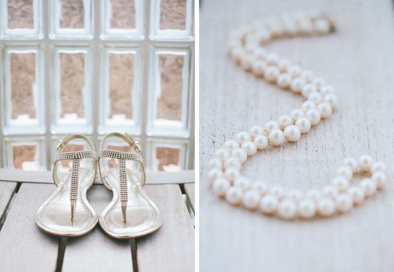 brides shoes and pearl jewelry at southern wedding