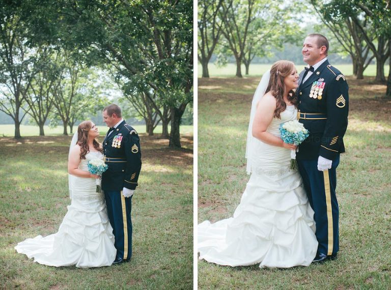bride and groom under trees in alabama