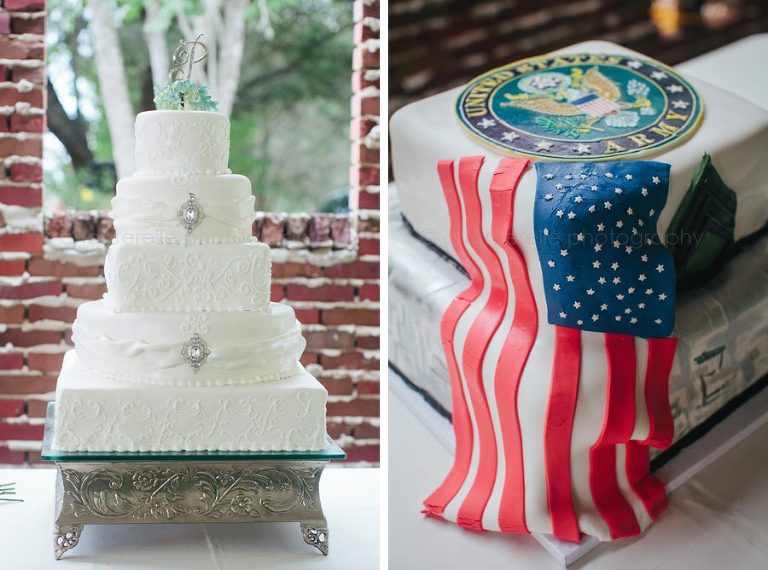 icing illusions white brides cake and military patriotic army grooms cake